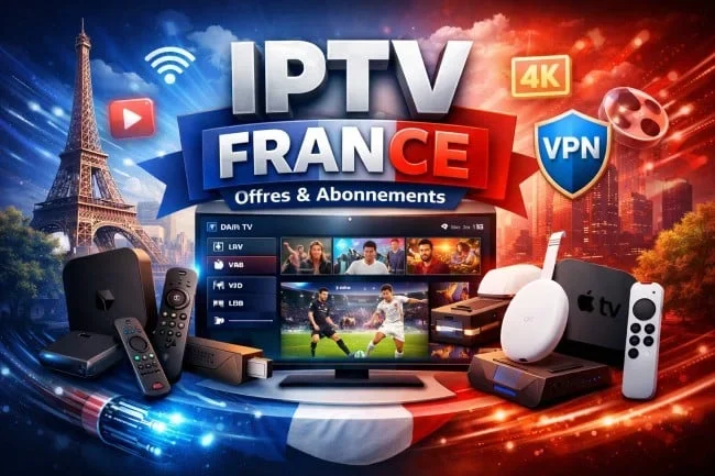 Bannière IPTV France, offres et abonnements : téléviseur, box et télécommandes compatibles devant la tour Eiffel et le drapeau français
